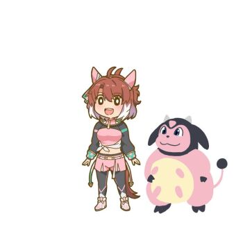 1girl ahoge animal_ears black_leggings black_shrug blush bow breasts brown_hair checkered_ribbon closed_mouth commentary_request cow cow_ears cow_horns cow_tail dantsu_flame_(center_spotlight)_(umamusume) dantsu_flame_(umamusume) ear_covers ear_ornament ear_ribbon gen_2_pokemon hair_between_eyes horns horse_ears horse_girl horse_tail leggings leggings_under_shorts looking_at_viewer midriff miltank mr._ebidou multicolored_hair navel nintendo open_mouth pink_shirt pink_shorts pokemon pokemon_(creature) shirt shorts shrug_(clothing) simple_background smile tail tied_shirt udder umamusume white_background white_hair white_shirt