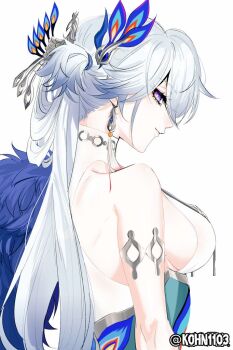 Rule 34 | 1girl, armlet, bare shoulders, blue dress, blue eyes, breasts, commentary request, dress, earrings, from side, honkai: star rail, honkai (series), jewelry, large breasts, long hair, looking at viewer, looking to the side, multicolored eyes, nima (khn1103), peacock feathers hair ornament, purple eyes, sideboob, simple background, sleeveless, sleeveless dress, smile, solo, twitter username, two-sided dress, two-sided fabric, two-tone eyes, upper body, white background, white dress, white hair, yao guang (honkai: star rail)