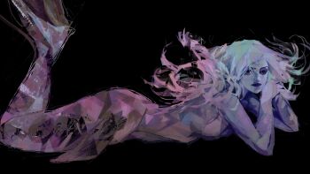 1girl absurdres aegyo_sal black_background black_eyes black_lips colored_skin elbow_rest floating_hair full_body highres looking_at_viewer lying mermaid monster_girl multicolored_hair nude on_stomach original own_hands_together painterly purple_skin simple_background smirk solo twulfs
