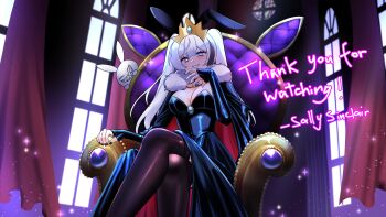 1girl absurdres animal_ears black_cape black_choker black_dress black_nails black_streaks black_thighhighs blue_eyes breasts bright_pupils cape character_name choker cleavage commentary cowboy_shot crossed_legs crown curtains double-parted_bangs dress english_text fake_animal_ears fingernails fur-trimmed_cape fur_trim grin hand_up hashtag-only_commentary highres indie_virtual_youtuber indoors long_hair long_sleeves looking_at_viewer medium_breasts multicolored_hair nail_polish rabbit_ears ryuuxin sally_sinclair second-party_source single_hair_streak sitting sitting_on_throne sleeves_past_wrists smile solo streaked_hair thighhighs throne virtual_youtuber white_hair white_pupils
