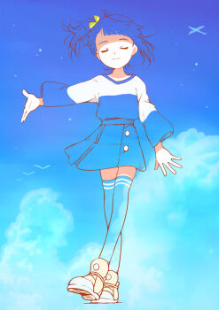 1girl above_clouds bird blue_hair blue_shirt blue_skirt blue_sky blue_theme bow casual closed_mouth cloud cloudy_sky commentary day double_exposure facing_viewer full_body hair_bow highres hirogaru_sky!_precure kyanos_(b_0000ff) long_sleeves medium_hair miniskirt outdoors outstretched_arm pleated_skirt precure shirt shoes side_ponytail single_sidelock skirt sky smile sneakers solo sora_harewataru standing standing_on_one_leg t-shirt two-tone_shirt white_shirt wind yellow_bow yellow_shoes