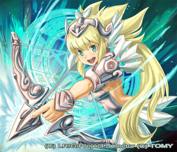 1girl arrow_(projectile) blonde_hair bow_(weapon) copyright_notice green_eyes holding holding_arrow holding_bow_(weapon) holding_weapon leotard long_hair looking_at_viewer magic_circle matsumoto_eight official_art open_mouth ponytail smile solo teeth upper_teeth_only very_long_hair weapon white_leotard wixoss