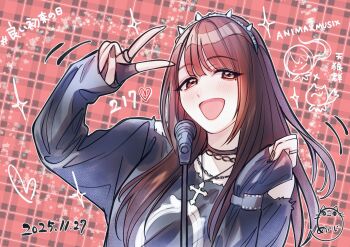 1girl animification bare_shoulders black_gloves black_shirt brown_hair commentary_request dated doodle_inset fingerless_gloves gloves hairband hanamiya_nina hanamiya_nina_(style) hashtag heart highres long_hair long_sleeves looking_at_viewer meiji_(mosamoo3) microphone microphone_stand mole mole_under_eye off-shoulder_shirt off_shoulder plaid_background real_life red_background shirt sleeves_past_wrists solo sparkle spiked_hairband spikes v voice_actor