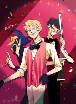 3boys absurdres alastor_(hazbin_hotel) black_gloves blonde_hair blue_hair brown_hair evil_grin evil_smile formal_clothes gloves grin hair_slicked_back hazbin_hotel hellaverse helluva_boss highres holding holding_phone kin_(58n58n58n) looking_at_viewer lucifer_morningstar_(hazbin_hotel) multiple_boys phone red_eyes smile stolas_(helluva_boss) suit