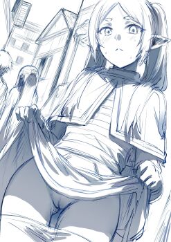 1girl blush capelet closed_mouth clothes_lift dress dress_lift earrings elf fern_(sousou_no_frieren) flashing frieren hews highres jewelry lifting_own_clothes long_hair long_sleeves looking_at_viewer monochrome no_panties pointy_ears public_indecency pussy sketch skirt skirt_lift sousou_no_frieren stark_(sousou_no_frieren) thick_eyebrows thighs twintails unfinished