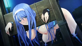 1girl alice_soft bdsm bent_over black_thighhighs blue_eyes blue_hair blush bondage bound bound_wrists breasts breasts_out chain choukou_(alicesoft) choukou_shinki_ixseal collar cuffs ellis_xillia female_focus game_cg hair_ornament hairband hanging_breasts humiliation ixseal large_breasts large_variant_set long_hair night nipples no_bra no_panties non-web_source official_art onigirikun open_mouth outdoors pillory restrained shackles shiny_skin sky slave solo standing stationary_restraints sweat thighhighs torn_clothes variant_set white_hairband