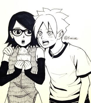 1boy 1girl arm_warmers boruto:_naruto_next_generations commentary_request eating food glasses hatching_(texture) highres holding holding_food jewelry marker_(medium) matsu_(fu6ide2) monochrome naruto_(series) necklace open_mouth shirt t-shirt taiyaki traditional_media twitter_username uchiha_sarada uzumaki_boruto wagashi