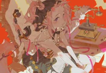 1girl absurdres antique_phone armchair black_bow blush bow chair closed_mouth commission dress eyelashes flower frills hair_ornament highres holding horns indoors light_bulb light_bulb_hair_ornament long_hair looking_at_viewer monster_girl multiple_hands original pink_hair pink_horns pink_ribbon purple_eyes reset ribbon rose sidelocks sitting smile solo two_side_up white_flower white_rose