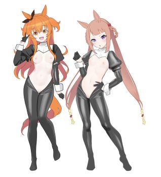 2girls animal_ears arm_up black_hiphighs blush bow braid braided_hair_rings breasts brown_hair brown_ribbon contrapposto dot_nose ear_bow frontless_outfit full_body hair_between_eyes hair_bow hair_rings hand_on_own_hip highres hiphighs horse_ears horse_girl horse_tail knees_together_feet_apart loli long_hair long_sleeves looking_at_viewer mayano_top_gun_(umamusume) multiple_girls navel nipples open_mouth orange_eyes orange_hair orange_tail purple_eyes pussy revealing_clothes reverse_outfit ribbon shrug_(clothing) small_breasts smile sweep_tosho_(umamusume) tail thigh_gap twintails two_side_up ugohato umamusume uncensored v white_background white_wrist_cuffs wrist_cuffs