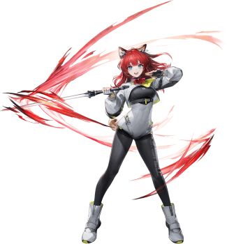 1girl akekuri_(arknights) animal_ears arknights arknights:_endfield boots extra_ears fingerless_gloves gloves highres holding holding_sword holding_weapon liduke official_art red_hair short_eyebrows sword tagme tail thick_eyebrows transparent_background weapon white_boots white_gloves
