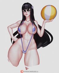 1girl 3d abs animated artist_name ass ball beachball black_hair blue_eyes blunt_bangs breasts collarbone curvy hand_on_own_hip huge_ass kill_la_kill kiryuuin_satsuki large_breasts long_hair looking_at_viewer lowres navel rushzilla slingshot_swimsuit solo stomach swimsuit thick_eyebrows thick_thighs thighs video white_background wide_hips
