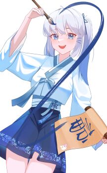 Rule 34 | 1girl, absurdres, blue eyes, blue hair, blue nails, blue skirt, calligraphy brush, commentary, cowboy shot, fang, gosegu, gumbshil, hair ornament, hair ribbon, hanbok, highres, holding, holding brush, holding paintbrush, korean clothes, korean commentary, long hair, looking at viewer, multicolored hair, nail polish, open mouth, paintbrush, ribbon, scroll, segyun (gosegu), simple background, skirt, smile, solo, teeth, twintails, virtual youtuber, waktaverse, white background, white hair