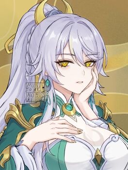 1girl absurdres braid breasts china_dress chinese_clothes commentary crescent dress earrings english_commentary fur_trim genshin_impact gold_trim grey_hair hair_between_eyes hair_ornament hand_on_own_chest hand_on_own_face highres jewelry large_breasts long_hair looking_at_viewer mandarin_collar moonstosky nail_polish ponytail single_braid solo upper_body yellow_eyes yellow_nails zibai_(genshin_impact)