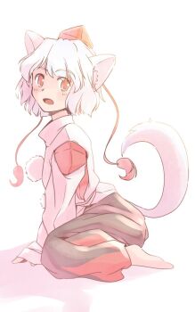 1girl animal_ears black_skirt commentary_request detached_sleeves from_side full_body hat hat_tassel inubashiri_momiji kneeling looking_to_the_side one-hour_drawing_challenge open_mouth pink_background pom_pom_(clothes) rangycrow red_shirt shirt sideways_glance skirt solo tail tokin_hat touhou vest white_hair white_vest wolf_ears wolf_girl wolf_tail