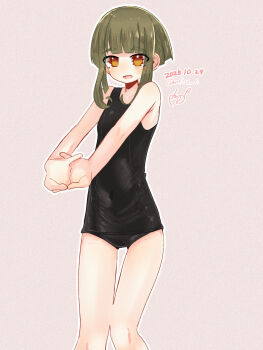 1girl black_one-piece_swimsuit covered_navel dated gluteal_fold green_hair grey_background highres kantai_collection mf_u_c one-piece_swimsuit orange_eyes school_swimsuit short_hair short_hair_with_long_locks simple_background solo stretching swimsuit takanami_(kancolle)