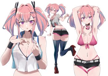 1girl armpits azur_lane bad_anatomy bare_shoulders belt bikini bikini_under_clothes black_choker bow breasts bremerton_(azur_lane) bremerton_(scorching-hot_training)_(azur_lane) choker commentary_request crop_top crop_top_overhang eyebrows_hidden_by_hair from_behind grey_belt grey_hair groin hair_between_eyes hair_bow hair_ornament hairclip heart heart_necklace highleg highleg_bikini highres jewelry kuro_(toi_et_moi) large_breasts lifebuoy_ornament light_smile long_hair looking_at_viewer mole mole_on_breast multicolored_hair multiple_views nail_polish navel_piercing necklace official_alternate_costume piercing pink_bikini pink_hair pink_nails reference_sheet shirt short_shorts shorts sideboob sleeveless sleeveless_shirt sportswear standing streaked_hair swimsuit tennis_uniform textless_version twintails two-tone_hair two-tone_shirt x_hair_ornament