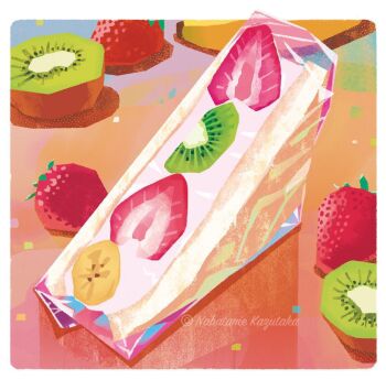 artist_name banana banana_slice bread commentary cream english_commentary food food_focus fruit fruit_sandwich kiwi_(fruit) kiwi_slice nabatame_kazutaka no_humans original sandwich strawberry strawberry_slice