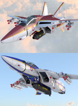 3d choujikuu_yousai_macross cloud commentary dapperman energy_cannon english_commentary flying folded gunpod highres light macross mecha missile realistic robot robotech roundel u.n._spacy variable_fighter vf-1 vf-1j
