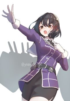 1girl 702_(naotsu) adapted_turret black_hair black_skirt blush breasts brown_eyes cannon cowboy_shot gloves haguro_(kancolle) haguro_kai_ni_(kancolle) hair_ornament highres jacket kantai_collection long_sleeves looking_at_viewer machinery military_uniform open_mouth pantyhose purple_jacket rigging ship_turret short_hair silhouette skirt smile solo white_background white_gloves white_pantyhose