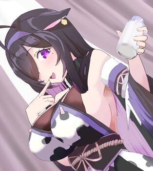 1girl 82pkq6jqb3jsdew ahoge animal_ears animal_print bare_shoulders belt_collar black_collar black_hair blush bottle braid breasts collar colored_inner_hair cow_ears cow_girl cow_print cow_tail curtains detached_sleeves dutch_angle ear_tag finger_to_mouth from_below from_side hair_over_one_eye hair_ribbon hairband hashtag-only_commentary highres holding holding_bottle japanese_clothes kimono large_breasts long_hair long_sleeves looking_at_viewer milk_bottle mole mole_under_eye multicolored_hair nijisanji obi obijime one_eye_covered open_mouth parted_bangs pink_ribbon print_kimono purple_eyes purple_hair purple_hairband purple_sleeves ribbon ribbon-trimmed_sleeves ribbon_trim sash see-through_cleavage see-through_clothes side_braid side_slit sideboob sidelocks single_braid smile solo standing streaked_hair tail tassel upper_body virtual_youtuber white_background wide_sleeves yagyu_shino