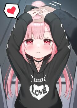 1girl absurdres black_bow black_hoodie blush bow closed_mouth commentary_request hair_bow heart highres hood hood_down hoodie long_hair long_sleeves looking_at_viewer original pink_hair sleeves_past_wrists smile solo_focus spoken_heart tsukiman