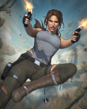 1girl absurdres black_gloves blue_sky boots breasts brown_boots brown_eyes brown_hair brown_pants clip_studio_paint_(medium) dalejomej day dual_wielding fingerless_gloves gloves grey_tank_top gun handgun highres holding holding_gun holding_weapon holster lara_croft looking_at_viewer medium_breasts outdoors pants signature sky solo tank_top thigh_holster tomb_raider tomb_raider:_the_legend_of_lara_croft weapon