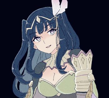 1girl black_background black_hair blunt_bangs breasts cleavage fire_emblem fire_emblem_awakening fire_emblem_heroes hair_ornament looking_at_viewer nintendo official_alternate_costume smile solo tanago_(namiuchigiwa) tharja_(fire_emblem) tharja_(gloomy_mage)_(fire_emblem) tiara twintails upper_body
