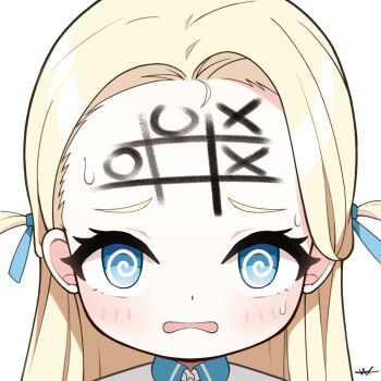 Rule 34 | 1girl, blonde hair, blue archive, blue eyes, blue ribbon, blush, collared shirt, commentary, forehead, forehead writing, hair ribbon, parted lips, portrait, ribbon, shirt, shuni valentine, signature, simple background, small sweatdrop, solo, sora (blue archive), sweat, tic-tac-toe, two side up, wavy mouth, white background, white shirt
