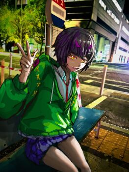 Rule 34 | 1girl, animal hood, black hair, building, bus stop, city lights, commentary request, dragon musume ni naritakunai!, duel masters, green hoodie, hand in pocket, highres, hood, hood down, hoodie, hoshi feruki, looking at viewer, multicolored hair, necktie, night, on bench, open mouth, orange eyes, purple hair, purple skirt, red necktie, sharp teeth, shirt, short hair, sisioreo44000, sitting, skirt, solo, tactile paving, teeth, tree, v, white shirt