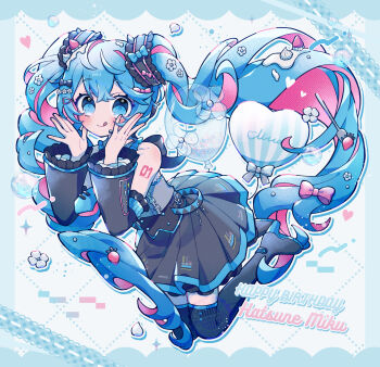 1girl :q absurdres arm_tattoo balloon bare_shoulders black_skirt black_sleeves blue_bow blue_eyes blue_hair blue_necktie blush boots bow bubble character_name commentary_request detached_sleeves flower food frilled_shirt frilled_sleeves frills fruit full_body grey_shirt hair_between_eyes hair_bow hair_flower hair_ornament hands_up happy_birthday hatsune_miku heart heart_balloon highres long_hair long_sleeves looking_at_viewer miniko_0325 multicolored_hair necktie number_tattoo pink_hair pleated_skirt shirt skirt sleeveless sleeveless_shirt smile solo strawberry tattoo thigh_boots thighhighs tongue tongue_out twintails very_long_hair vocaloid white_flower