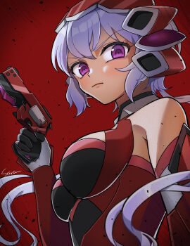1girl absurdres black_bodysuit black_gloves blush bodysuit breasts breasts_apart closed_mouth detached_sleeves gloves grey_hair gun highres holding holding_gun holding_weapon low_twintails medium_breasts multicolored_bodysuit pink_trim purple_eyes red_background red_bodysuit seer042 senki_zesshou_symphogear short_hair_with_long_locks solo twintails two-tone_bodysuit two-tone_gloves upper_body weapon white_gloves yukine_chris