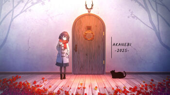 1girl animal_skull autumn_leaves black_boots black_cat black_eyes black_hair black_pantyhose black_skirt boots cat character_request closed_mouth coat commentary_request door endlesscat full_body hand_in_pocket hand_up highres leaf long_sleeves looking_to_the_side medium_hair pantyhose pleated_skirt red_scarf scarf shadow skirt solo standing straight-on touhou white_coat wooden_floor