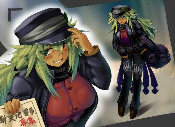 black_hat black_jacket black_pants commentary_request dark-skinned_female dark_skin green_eyes green_hair hand_up hands_in_pockets hat jacket long_hair multiple_views open_clothes open_jacket pants pixiv_fantasia pixiv_fantasia_last_saga red_shirt shirt weroro
