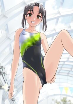 1girl absurdres black_one-piece_swimsuit breasts brown_eyes brown_hair cameltoe commentary_request competition_swimsuit covered_navel crotch_focus from_below glass_ceiling grin highres leg_lift leg_up multicolored_swimsuit one-piece_swimsuit original small_breasts smile solo standing standing_on_one_leg swimsuit takafumi twintails variant_set