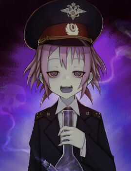 1girl bong colored_sclera colored_skin colored_tongue double-headed_eagle grey_skin hat jacket medium_hair military_hat military_jacket military_uniform ompf original purple_eyes purple_hair purple_tongue red_sclera solo