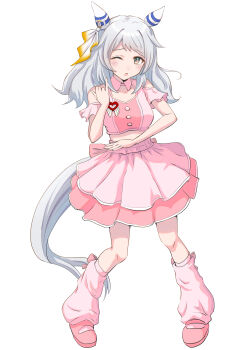 1girl absurdres animal_ears becherry blush bow breasts brown_eyes clothing_cutout cropped_shirt ear_covers ear_ornament ear_ribbon full_body grey_hair highres hishi_miracle_(umamusume) horse_ears horse_girl horse_tail layered_skirt looking_at_viewer loose_socks medium_breasts medium_hair meni_shuki_rush-sshu! midriff one_eye_closed parted_lips pink_shirt pink_shoes pink_skirt pink_socks shirt shoes shoulder_cutout simple_background skirt socks solo tail umamusume white_background