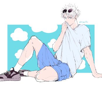 1boy alternate_costume arm_support blue_eyes blue_shorts eyewear_on_head full_body glasses gojou_satoru highres invisible_floor jujutsu_kaisen looking_at_viewer male_focus round_eyewear shirt shoes short_hair shorts simple_background sitting socks solo tiyu0710 twitter_username white_shirt white_socks wiping wiping_with_clothes