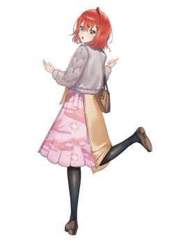 1girl ange_katrina animal_print bird_print black_pantyhose blue_eyes blush brown_bag brown_shoes brown_skirt cable_knit cardigan commentary_request cosplay crossed_bangs doidamon from_behind full_body grey_cardigan hair_between_eyes hair_ornament hairpin hands_up highres layered_skirt leg_up lize_helesta lize_helesta_(5th_costume) lize_helesta_(cosplay) long_sleeves looking_back medium_hair medium_skirt multicolored_eyes multiple_hairpins nijisanji open_mouth pantyhose pink_eyes pink_skirt print_skirt red_hair shoes simple_background single_hair_intake skirt solo standing standing_on_one_leg turning_head two-tone_eyes virtual_youtuber white_background