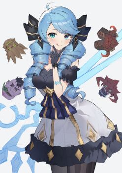 Rule 34 | 1girl, 2boys, 2others, :q, @ @, ahoge, black gloves, blue eyes, blue hair, blush, breasts, chibi, chibi inset, cho'gath, cleavage, closed mouth, commentary request, cowboy shot, cross-shaped pupils, detached sleeves, dr. mundo, dress, drill hair, gloves, gwen (league of legends), highres, holding, holding scissors, league of legends, long hair, maokai, medium breasts, mismatched pupils, multiple boys, multiple others, myske (myst34415756), ornn, oversized object, pantyhose, scissors, simple background, solo focus, star-shaped pupils, star (symbol), symbol-shaped pupils, tongue, tongue out, twin drills, v, v over mouth, white background