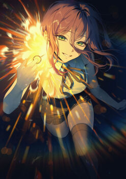 1girl absurdres black_ribbon black_shorts black_thighhighs chainsaw_man commentary daae explosion green_eyes grenade_pin hair_between_eyes highres lens_flare looking_at_viewer neck_ribbon purple_hair reze_(chainsaw_man) ribbon shirt short_sleeves shorts solo thighhighs white_shirt