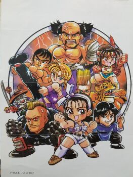 3girls 6+boys @_@ android anger_vein animal_head artist_name bandaged_hand bandages bare_arms belt belt_buckle black_belt black_eyes black_hair black_pants black_shirt black_shoes blonde_hair blue_eyes blue_shirt blue_shorts boots bow bow_hairband breast_pocket brown_boots brown_eyes brown_jacket brown_shoes buckle chibi clenched_hands closed_mouth colored_skin comedic_sweatdrop commentary cropped_jacket cutoffs denim denim_shorts dizzy dress earrings everyone feather_hair_ornament feathers fingerless_gloves fringe_trim gloves grey_skin hair_ornament hairband hand_up hands_up hat headband headdress highres holding holding_sword holding_weapon jack_(tekken) jacket jewelry kazama_jun kicking king_(tekken) kneehighs kokomahi leg_up lei_wulong long_hair looking_at_viewer marshall_law mechanical_hands medium_hair michelle_chang midriff mishima_heihachi mohawk multiple_boys multiple_girls muscular muscular_male native_american native_american_headdress navel necklace nina_williams open_clothes open_jacket open_mouth orange_gloves pants paul_phoenix pocket purple_dress purple_thighhighs red_eyes sharp_teeth shin_guards shirt shoes short_dress short_hair shorts sleeveless sleeveless_jacket smile socks squatting standing sweatdrop sword tall_hair teeth tekken tekken_2 thighhighs topless_male traditional_media weapon white_bow white_hairband white_jacket white_shirt white_shoes white_socks white_thighhighs wristband yoshimitsu_(namco)