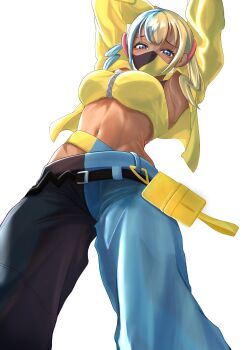 1girl absurdres arms_up bandeau blonde_hair blue_eyes blue_hair canari_(pokemon) highres jacket looking_at_viewer mask mega_stone mouth_mask multicolored_hair navel nintendo pokemon pokemon_legends:_z-a short_twintails split-color_clothes split-color_hair tkm-kagepuro twintails yellow_bandeau yellow_jacket