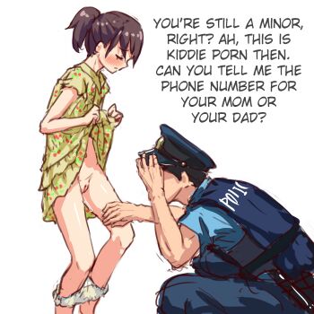 1boy 1girl age_difference black_hair blush cleft_of_venus closed_eyes clothes_lift clothes_writing dress dress_lift embarrassed hard-translated humiliation loli original panties panty_pull police police_uniform policeman ponytail pussy pussy_juice pussy_juice_trail short_hair simple_background sketch third-party_edit translated uncensored underwear white_background yamada_(gotyui)