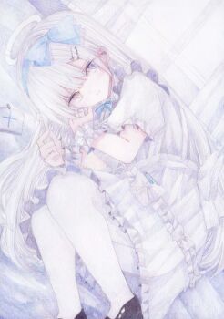 Rule 34 | 1girl, absurdres, bed sheet, black shoes, blue bow, blue eyes, blue hairband, bow, closed mouth, colored pencil (medium), commentary request, curtains, darkkanan, dress, dutch angle, hair bow, hair ornament, hairband, hairclip, halo, hands up, heterochromia, highres, long hair, lying, on side, original, pantyhose, pleated dress, puffy short sleeves, puffy sleeves, shoes, short sleeves, solo, traditional media, very long hair, white dress, white hair, white pantyhose, window, wrist cuffs, yellow eyes