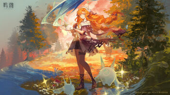 1girl absurdres animal aqua_eyes bad_source bare_shoulders black_bow bow bracelet braid bug butterfly character_name cloud cloudy_sky english_text floating_clothes floating_hair grass grin hair_bow hands_up highres insect jacket jewelry logo long_hair looking_at_viewer low_twin_braids mushroom off_shoulder official_art orange_hair parted_lips purple_jacket purple_shorts reflection reflective_liquid ring shooting_star shorts sigrika_(wuthering_waves) sky smile soliskin_(wuthering_waves) solo standing star_(sky) tree twin_braids veil water white_veil wind wuthering_waves
