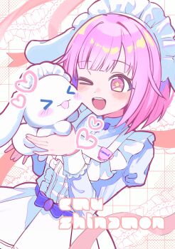 >_< +_+ 1girl ;d absurdres animal animal_ear_headwear animal_ears apron blue_dress blunt_bangs blush bob_cut bow center_frills character_name cheek_press cinnamoroll commentary_request cup dog dog_ears dress fake_animal_ears frilled_apron frilled_dress frills fuwa_fuwa_cinnamoroll grid_background heart highres holding holding_animal juliet_sleeves long_sleeves maid_headdress mishio_(misio_40) official_alternate_costume one_eye_closed ootori_emu open_mouth pink_eyes pink_hair pink_ribbon project_sekai puffy_sleeves purple_bow revision ribbon sanrio short_hair sidelocks smile star_(symbol) star_in_eye symbol_in_eye teacup teeth upper_teeth_only