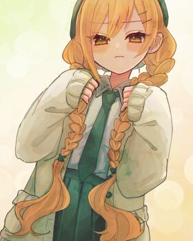 1girl alternate_costume alternate_hairstyle blush braid coat commentary_request eyes_visible_through_hair frown green_hat green_necktie green_skirt hair_ornament hairclip hat highres holding holding_own_hair inda_karane kimi_no_koto_ga_dai_dai_dai_dai_daisuki_na_100-nin_no_kanojo long_braid long_hair long_sleeves looking_at_viewer necktie oknomyk open_clothes open_coat pleated_skirt shirt simple_background skirt sleeves_past_wrists solo twin_braids very_long_hair white_coat white_shirt wing_collar yellow_eyes