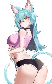 1girl absurdres animal_ears aqua_hair ass black_shorts breasts cat_ears cat_girl cat_tail commentary from_behind highres large_breasts long_hair looking_at_viewer original ppangchil short_shorts shorts simple_background solo tail white_background yellow_eyes