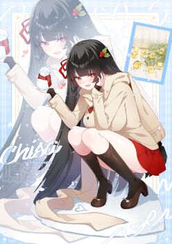 Rule 34 | 1girl, apple caramel, artist name, black hair, black socks, blush, breasts, brown jacket, brown shoes, character snowman, chisa (wuthering waves), commentary, english commentary, hair ribbon, highres, jacket, large breasts, long hair, looking at viewer, male rover (wuthering waves), mole, mole under eye, official alternate costume, open mouth, red eyes, red ribbon, red skirt, ribbon, rover (wuthering waves), shoes, skirt, smile, snowman, socks, solo, squatting, very long hair, wuthering waves, zoom layer