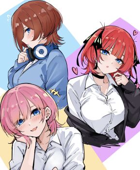 3girls alternate_hairstyle black_cardigan black_choker blue_cardigan blunt_bangs blush breasts brown_hair cardigan choker commentary_request cropped_torso dress_shirt go-toubun_no_hanayome hand_on_own_cheek hand_on_own_face head_rest headphones headphones_around_neck heart highres large_breasts looking_at_viewer mame1645 multiple_girls nakano_ichika nakano_miku nakano_nino open_collar pink_hair red_hair school_uniform shirt siblings sisters smile sweatdrop upper_body white_shirt wolf_cut